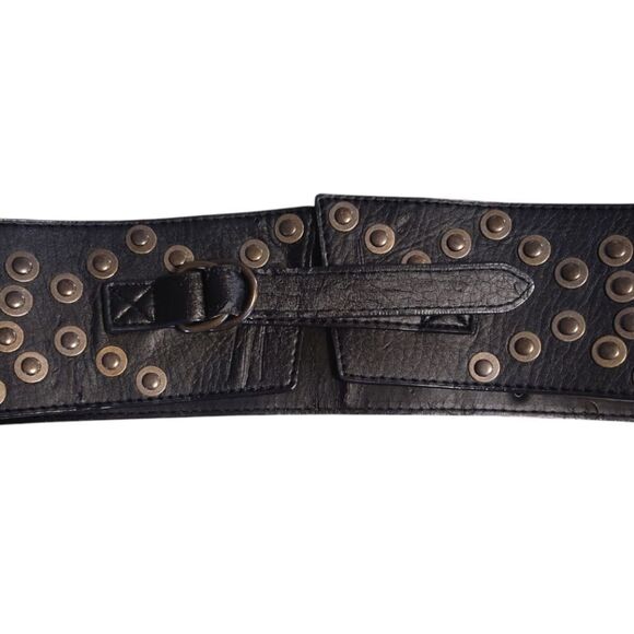 VTG Y2K Black Faux Leather Studded 3" Wide Grunge Belt Size Medium - Picture 7 of 15